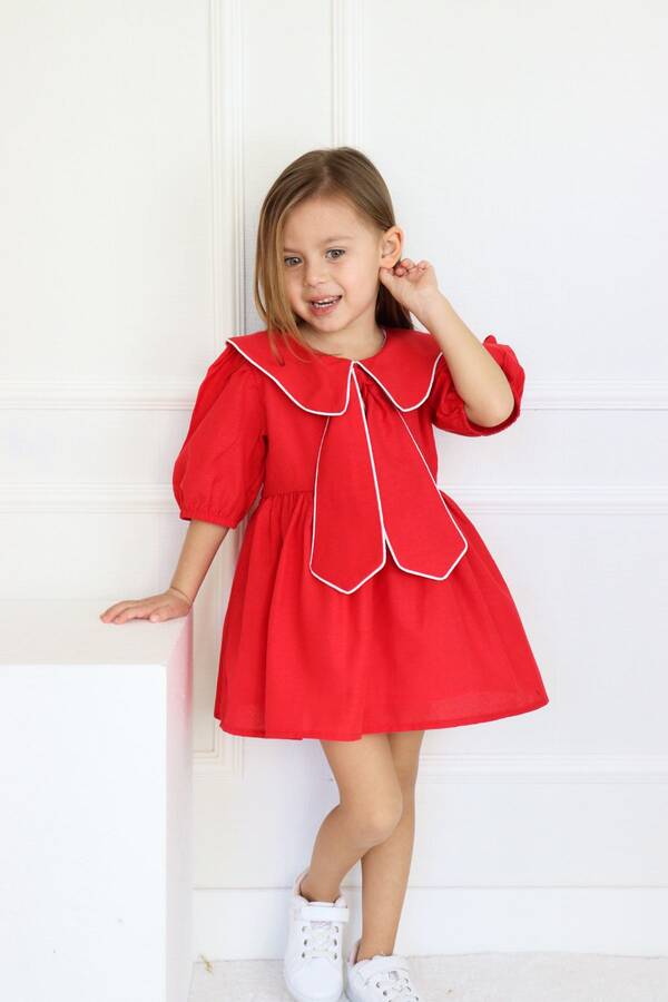 Kırmızı Bahriye Yaka Detaylı Fiyonk Kız Çocuk Elbise - Thumbnail