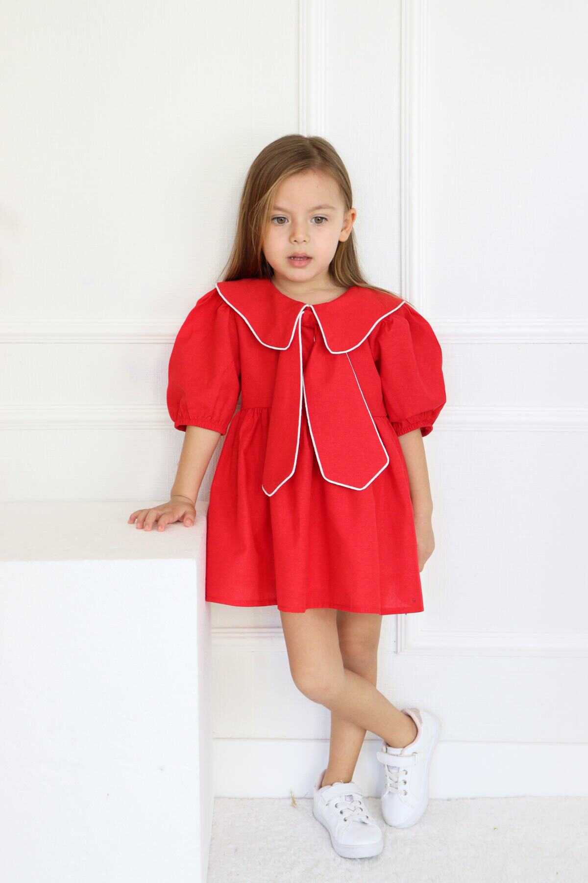 Kırmızı Bahriye Yaka Detaylı Fiyonk Kız Çocuk Elbise