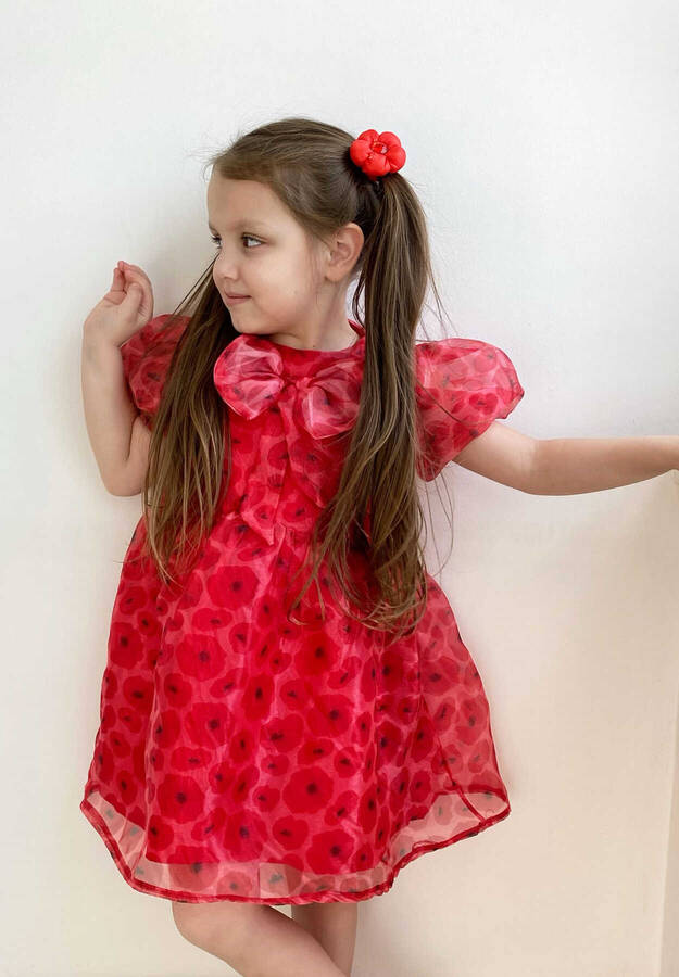 FW21 - Kırmızı Balon Kol Fiyonklu Kısa Kol Kız Çocuk Organze Elbise