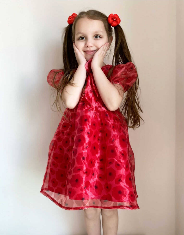 Kırmızı Balon Kol Fiyonklu Kısa Kol Kız Çocuk Organze Elbise - Thumbnail