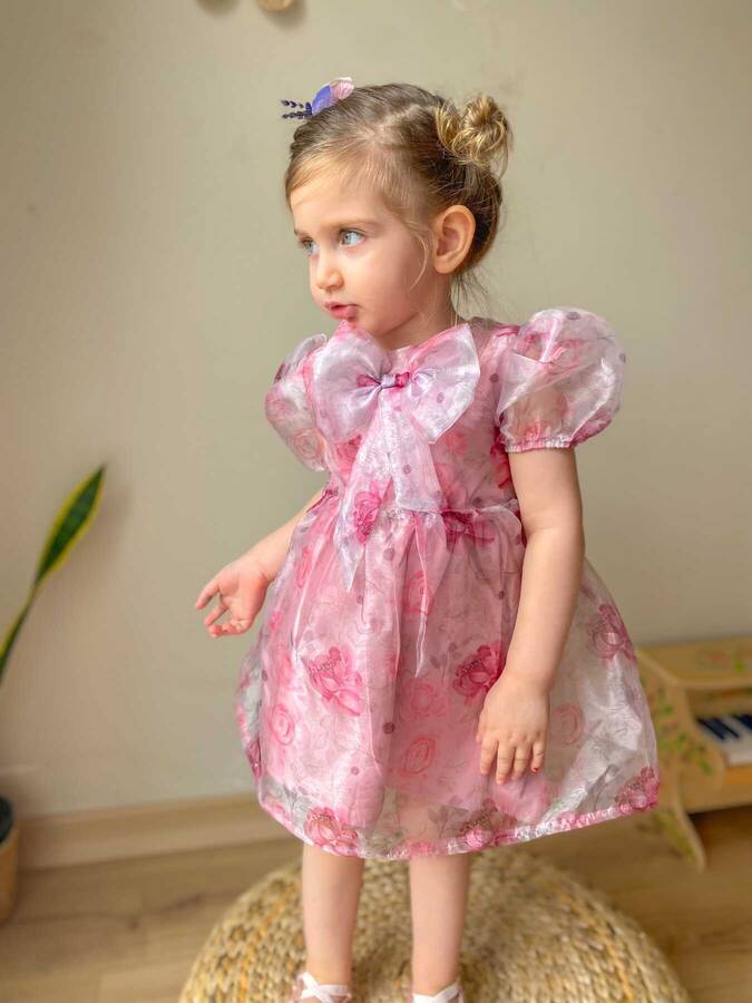 Pembe Balon Kol Fiyonklu Kısa Kol Kız Çocuk Organze Elbise - Thumbnail