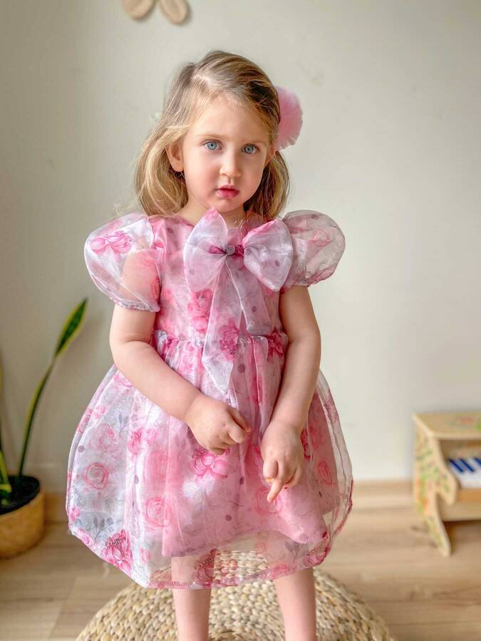 Pembe Balon Kol Fiyonklu Kısa Kol Kız Çocuk Organze Elbise - Thumbnail