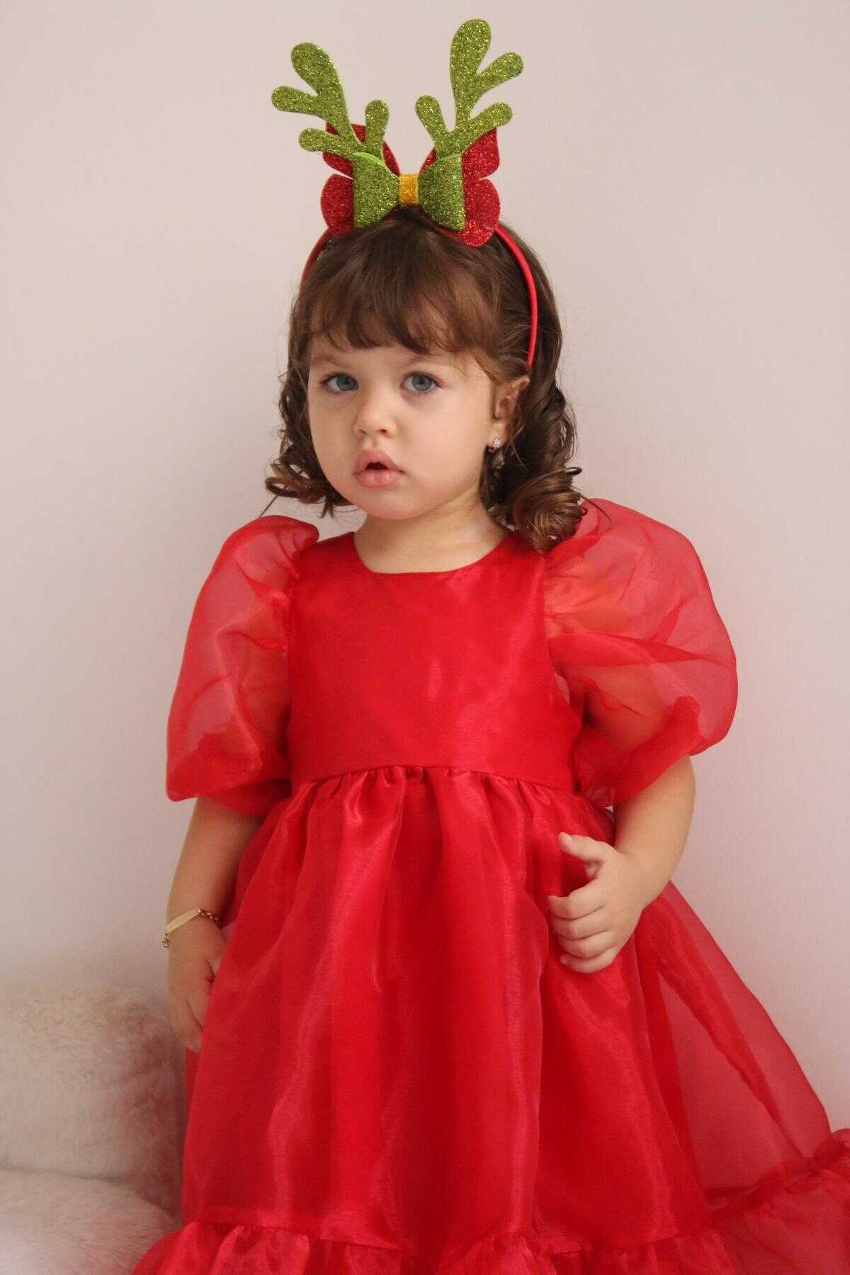 Kırmızı Cam Organze Kız Çocuk Elbise