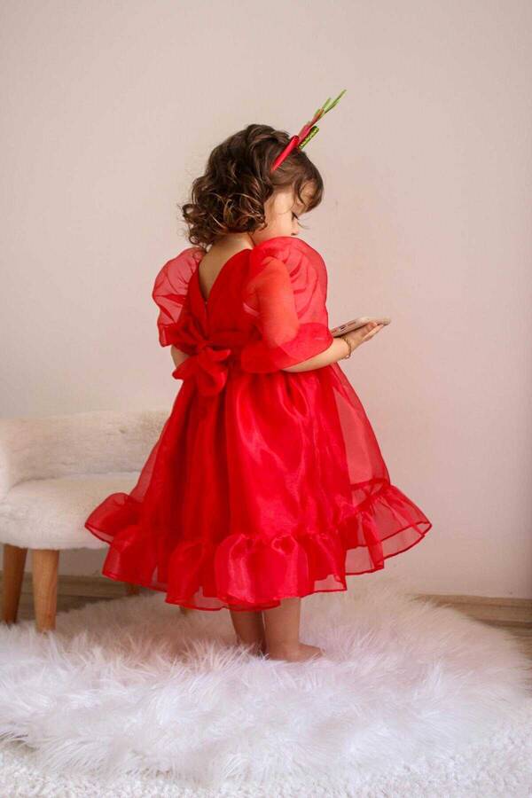 Kırmızı Cam Organze Kız Çocuk Elbise - Thumbnail