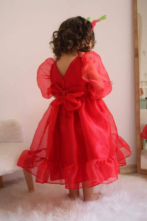 Kırmızı Cam Organze Kız Çocuk Elbise - Thumbnail