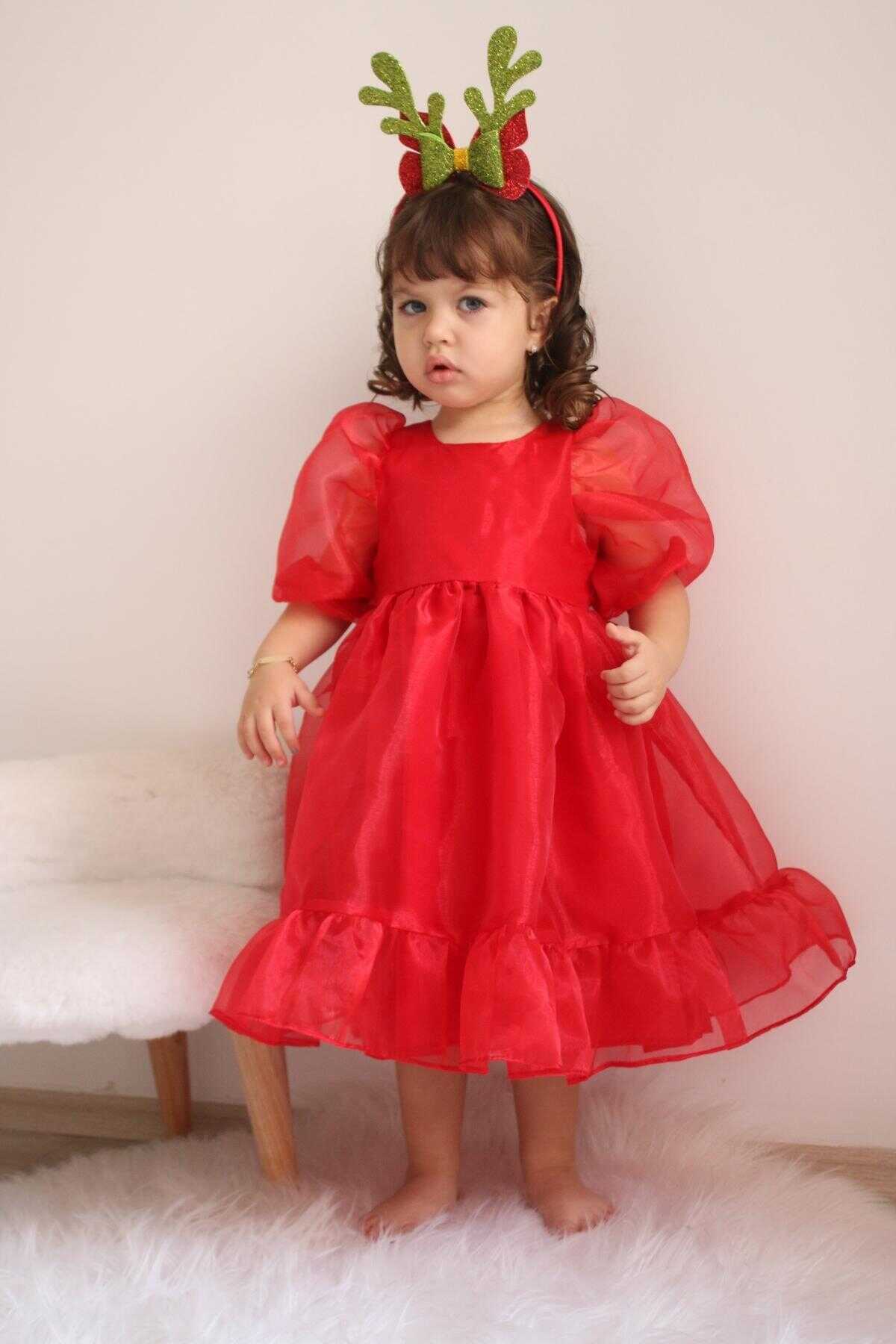 Kırmızı Cam Organze Kız Çocuk Elbise