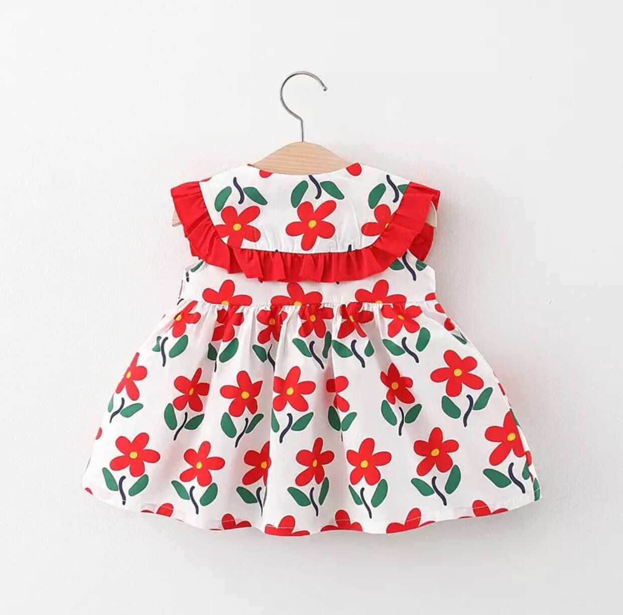 Kırmızı Çiçek Desenli Elbise ve Çanta 2'li Set