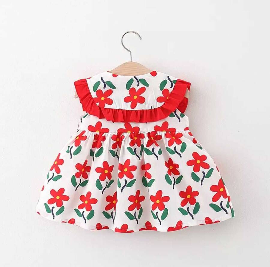 Kırmızı Çiçek Desenli Elbise ve Çanta 2'li Set - Thumbnail