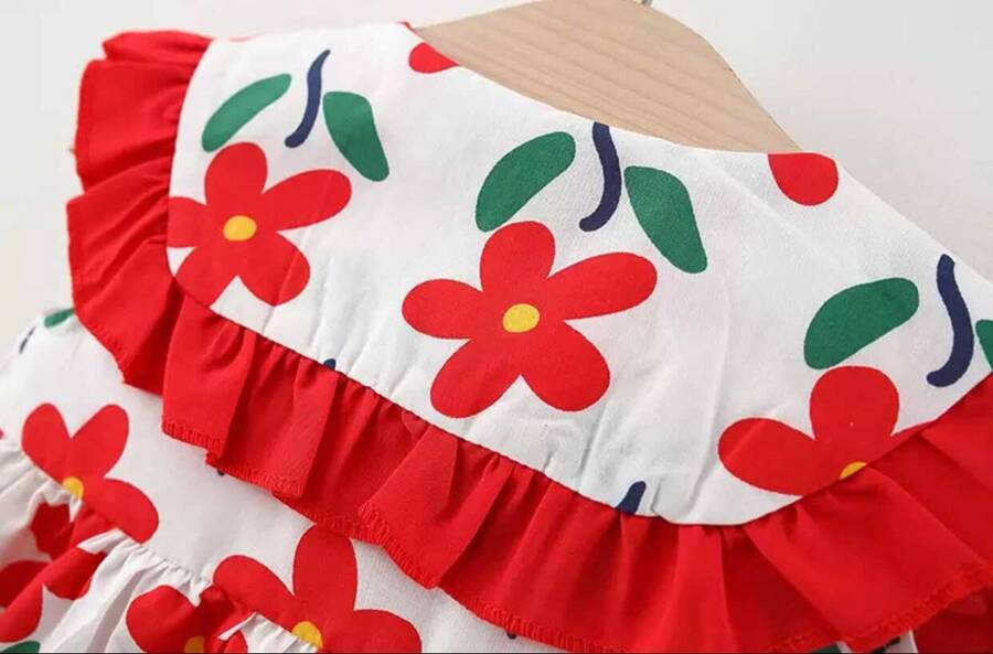 Kırmızı Çiçek Desenli Elbise ve Çanta 2'li Set - Thumbnail