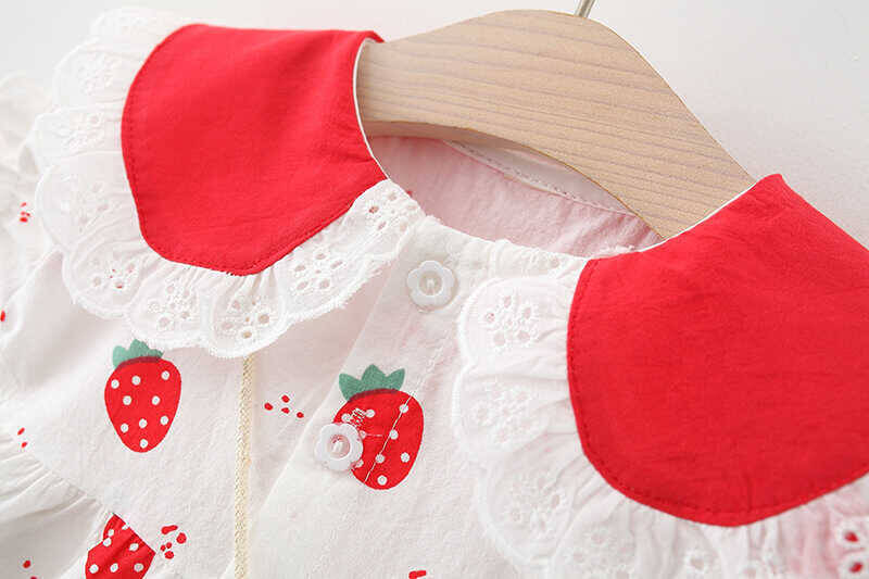 Kırmızı Çilek Desenli Beyaz Elbise Ve Çanta 2'li Set - Thumbnail