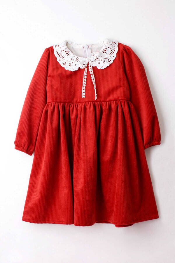 FW22 - Kırmızı Fitilli Kadife Brode Yaka Kız Çocuk Elbise (1)