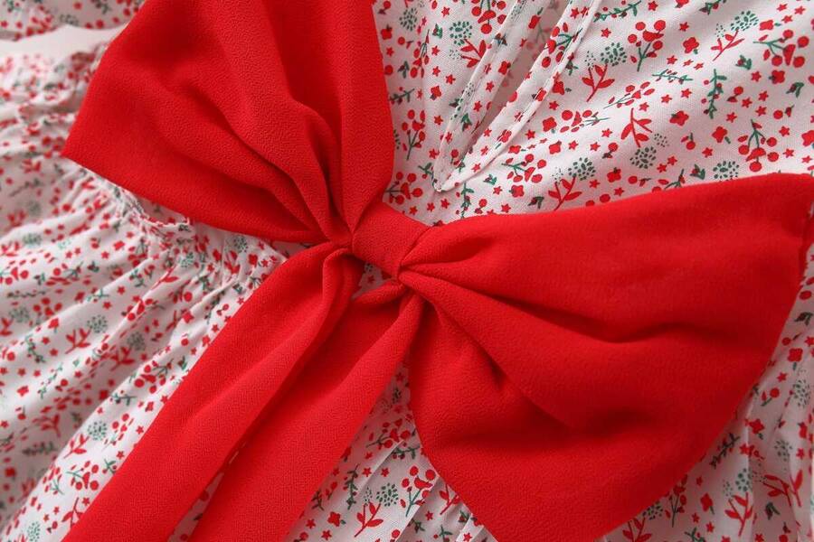 Kırmızı Fiyonk Detaylı Çiçekli Elbise - Thumbnail