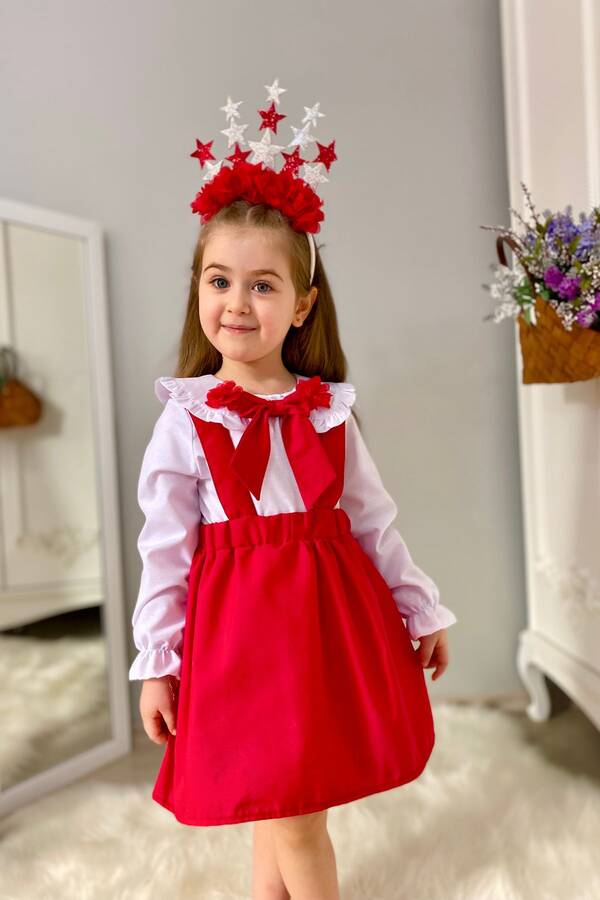 ss23 - Kırmızı Fiyonklu Askılı Kız Çocuk Pamuk Etek ve Gömlek 2'li Set (1)