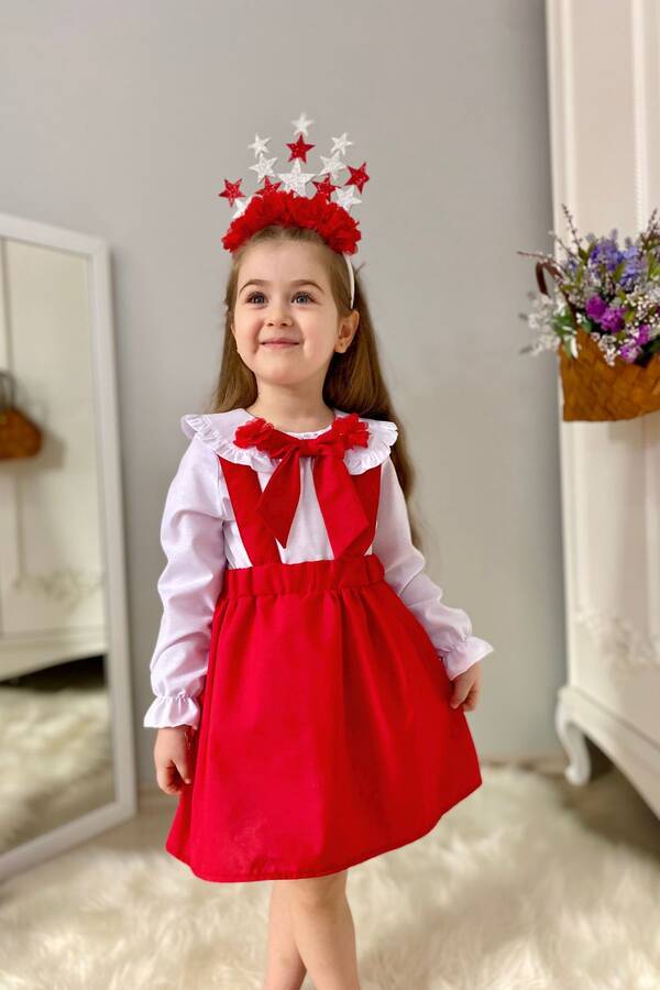 Kırmızı Fiyonklu Askılı Kız Çocuk Pamuk Etek ve Gömlek 2'li Set - Thumbnail