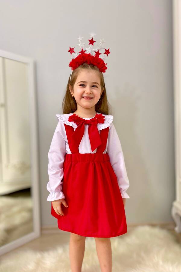 Kırmızı Fiyonklu Askılı Kız Çocuk Pamuk Etek ve Gömlek 2'li Set - Thumbnail