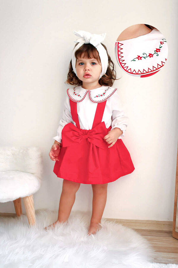 FW22 - Kırmızı Fiyonklu Askılı Kız Çocuk Pamuk Etek ve Nakışlı Gömlek 2'li Set (1)