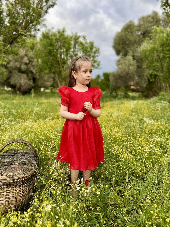 Kırmızı Janjan Organze Sırtı Çapraz Kız Çocuk Elbise - Thumbnail
