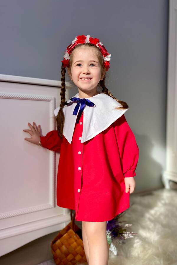 ss23 - Kırmızı Nostaljik Yaka Önden Düğmeli Kız Çocuk Elbise