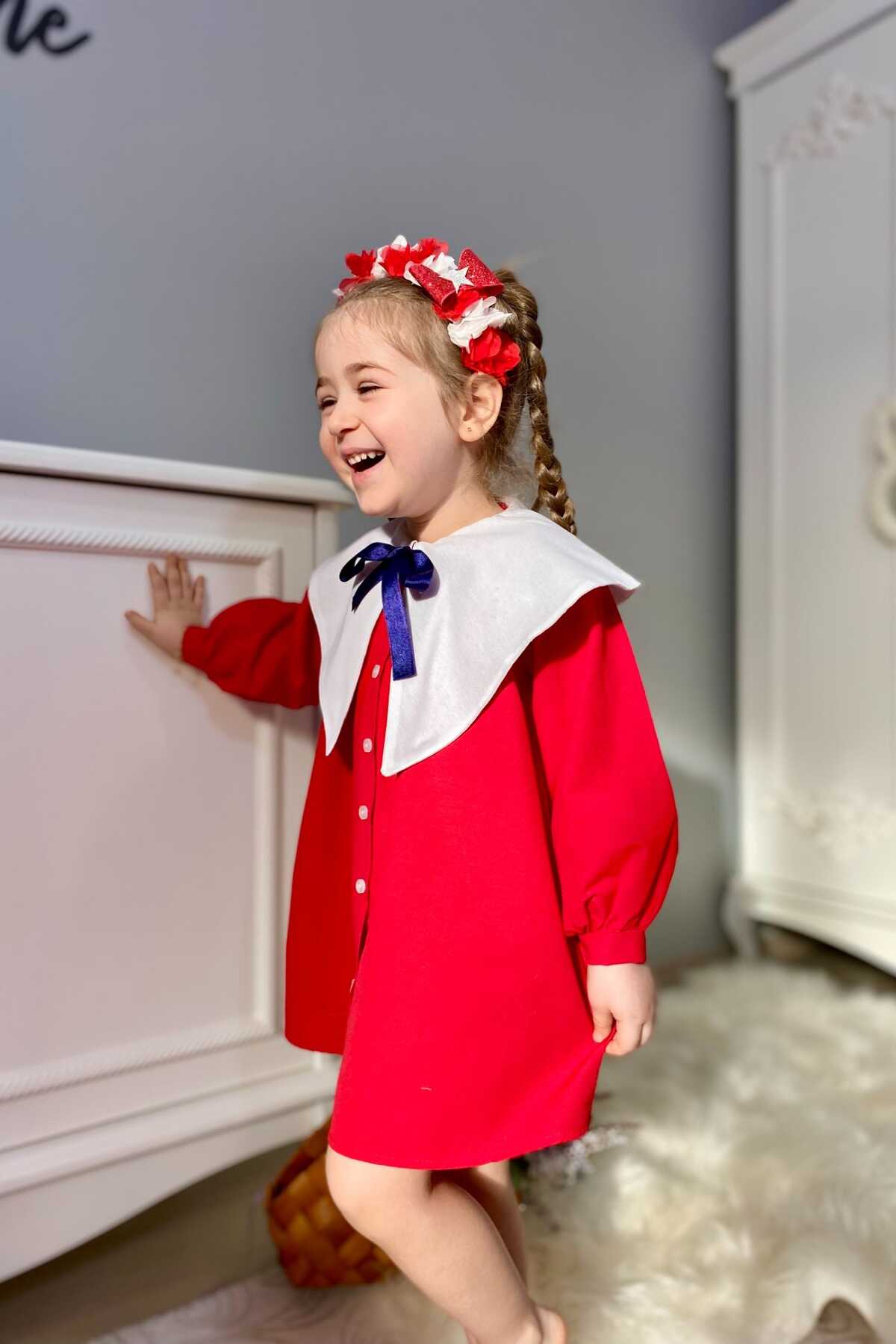 Kırmızı Nostaljik Yaka Önden Düğmeli Kız Çocuk Elbise