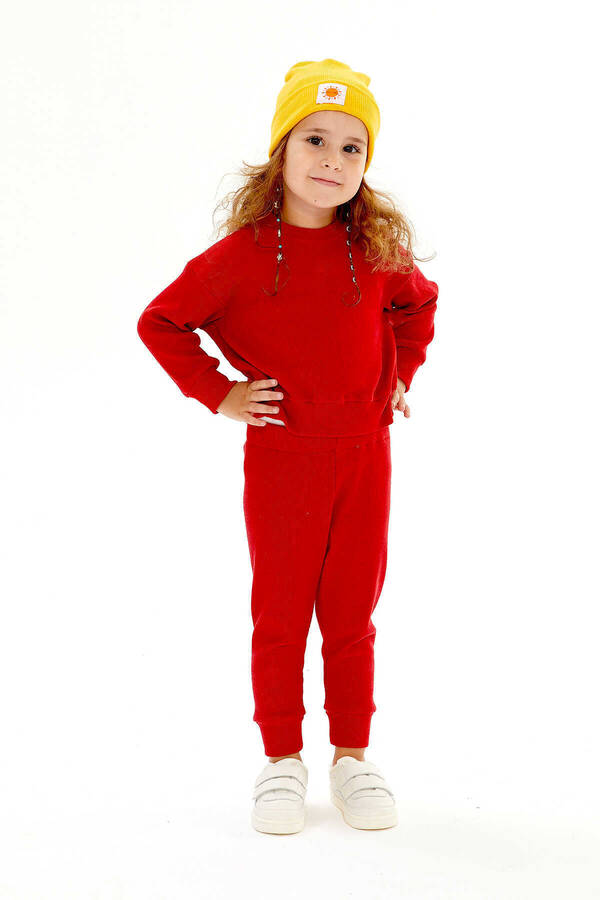 Kırmızı Oversize Çocuk Sweatshirt ve Pantolon Kaşkorse Fitilli İkili Takım - Thumbnail