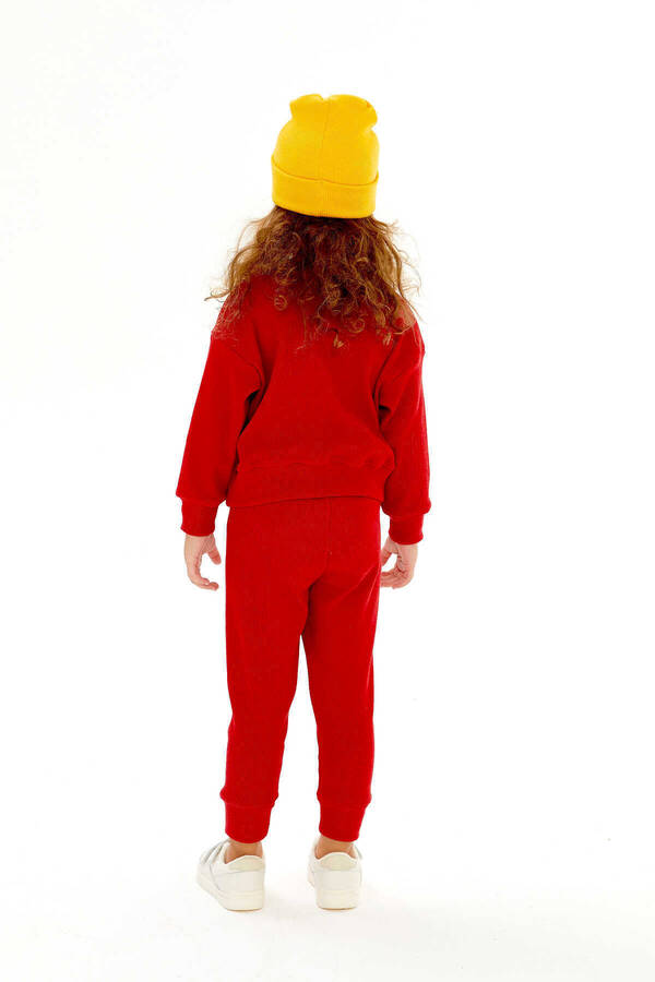 Kırmızı Oversize Çocuk Sweatshirt ve Pantolon Kaşkorse Fitilli İkili Takım - Thumbnail