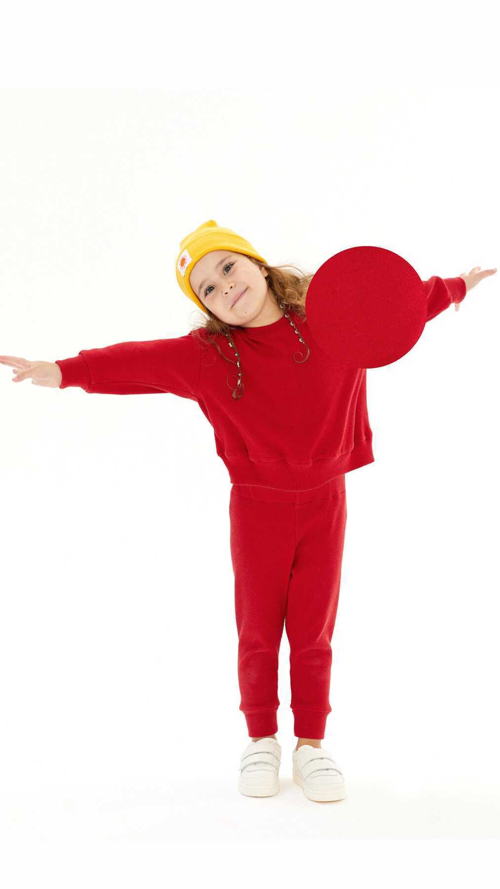 Kırmızı Oversize Çocuk Sweatshirt ve Pantolon Kaşkorse Fitilli İkili Takım