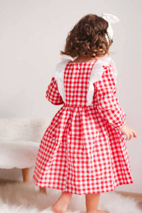 Kırmızı Pamuk Ekose Fırfır ve Fiyonk Detaylı Kız Çocuk Elbise - Thumbnail