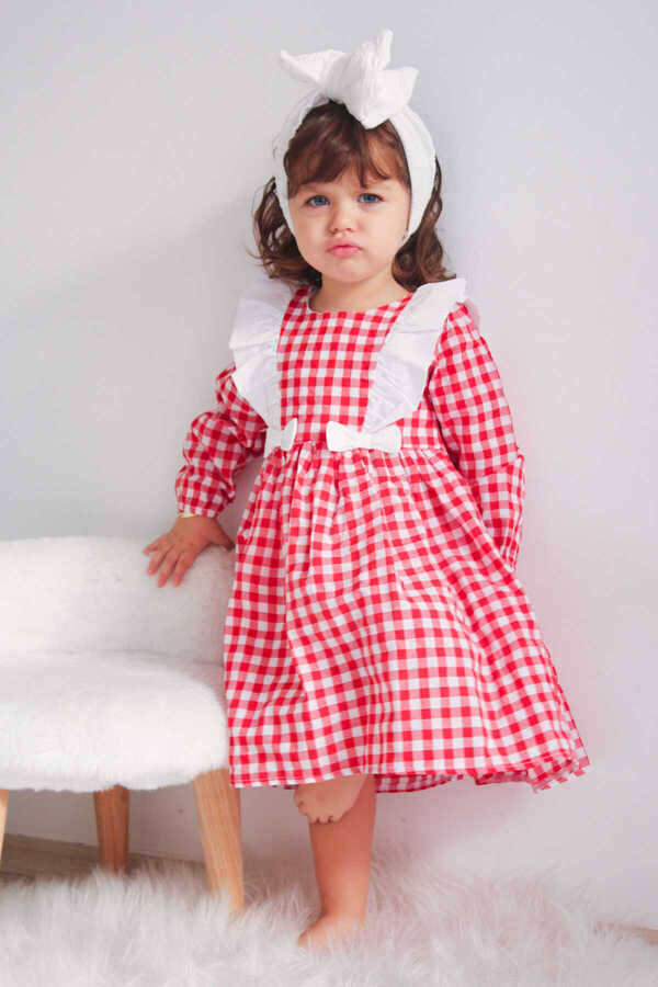 FW22 - Kırmızı Pamuk Ekose Fırfır ve Fiyonk Detaylı Kız Çocuk Elbise
