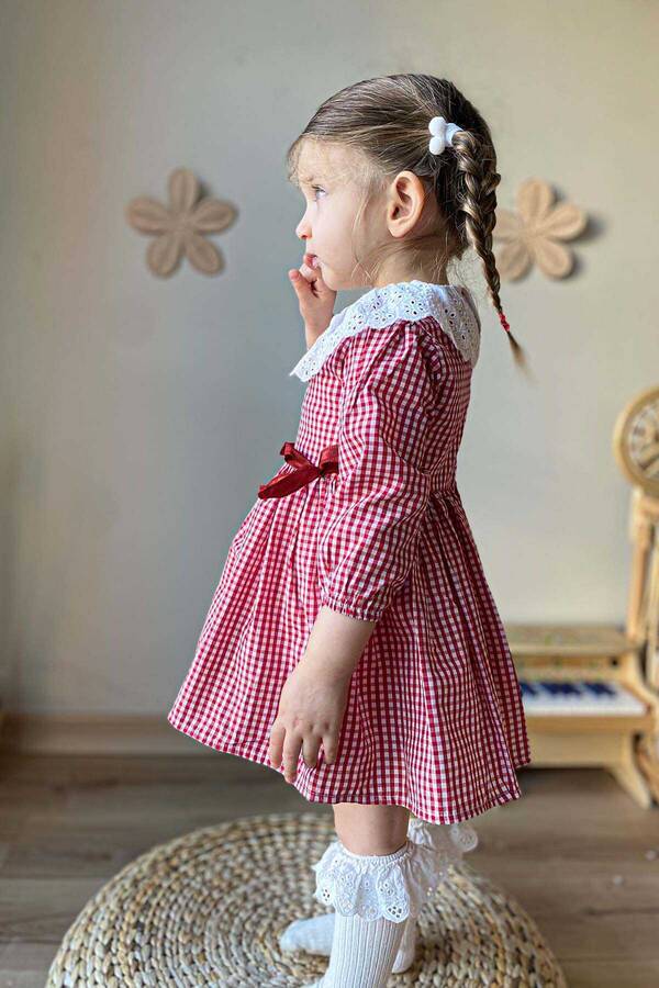 FW21 - Kırmızı Pötikare Dantel Bebe Yaka Fiyonklu Kız Çocuk Elbise (1)