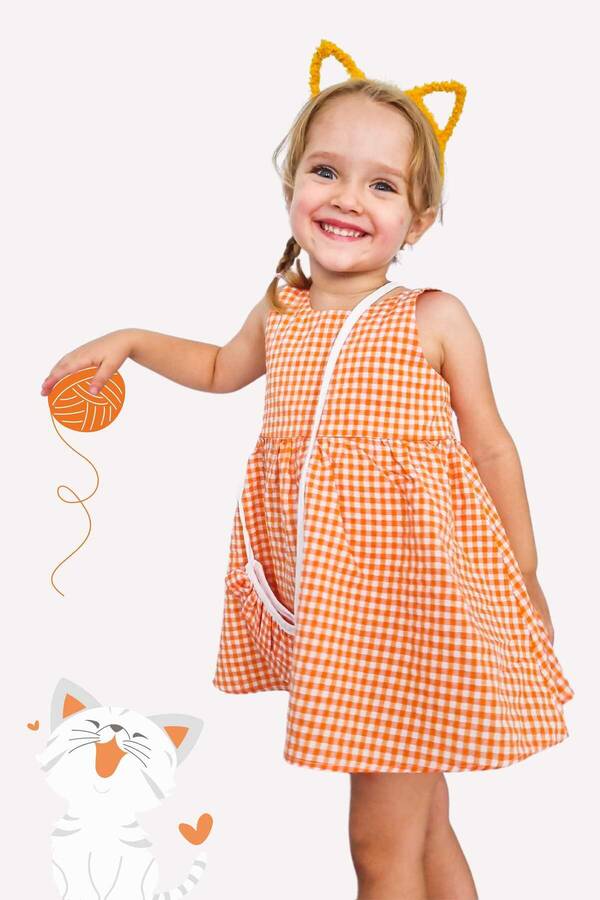 SSY22 - Turuncu Pötikare Sırtı Fiyonklu Kız Çocuk Elbise ve Çanta 2'li Takım (1)