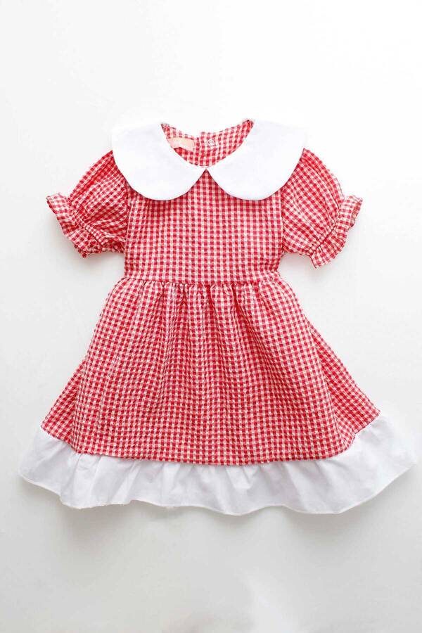 SSY22 - Kırmızı Pötikareli Bebe Yaka Kız Çocuk Elbise (1)