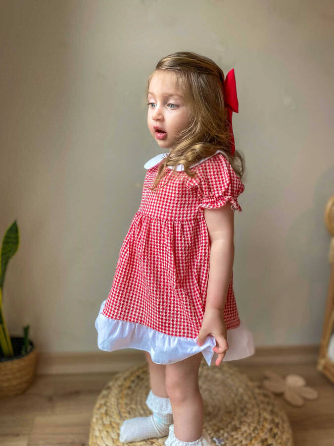 SSY22 - Kırmızı Pötikareli Bebe Yaka Kız Çocuk Elbise