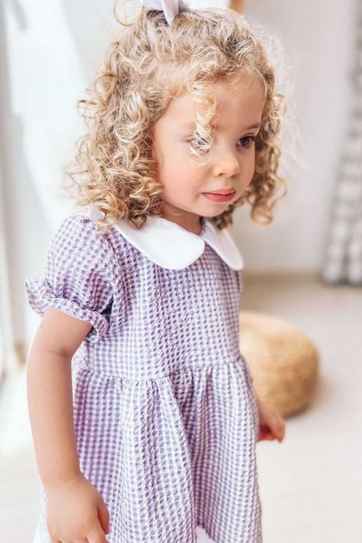 Lila Pötikareli Bebe Yaka Kız Çocuk Elbise