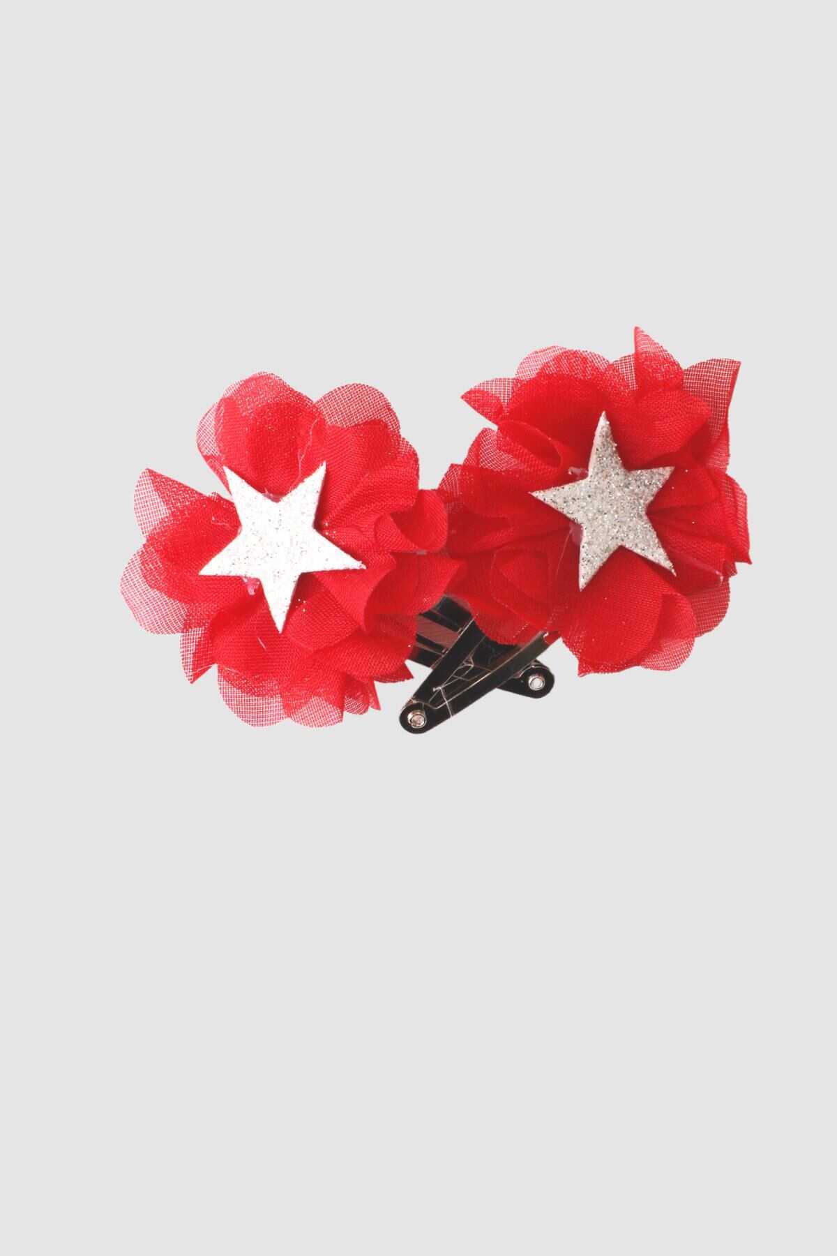 Kırmızı Şifon Çiçek ve Yıldızlı 2'li Klips Toka Set