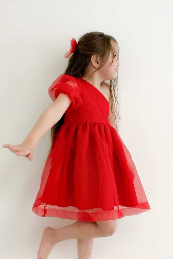 Kırmızı ve Parıltılı Omzu Tül Organze Elbise - Thumbnail