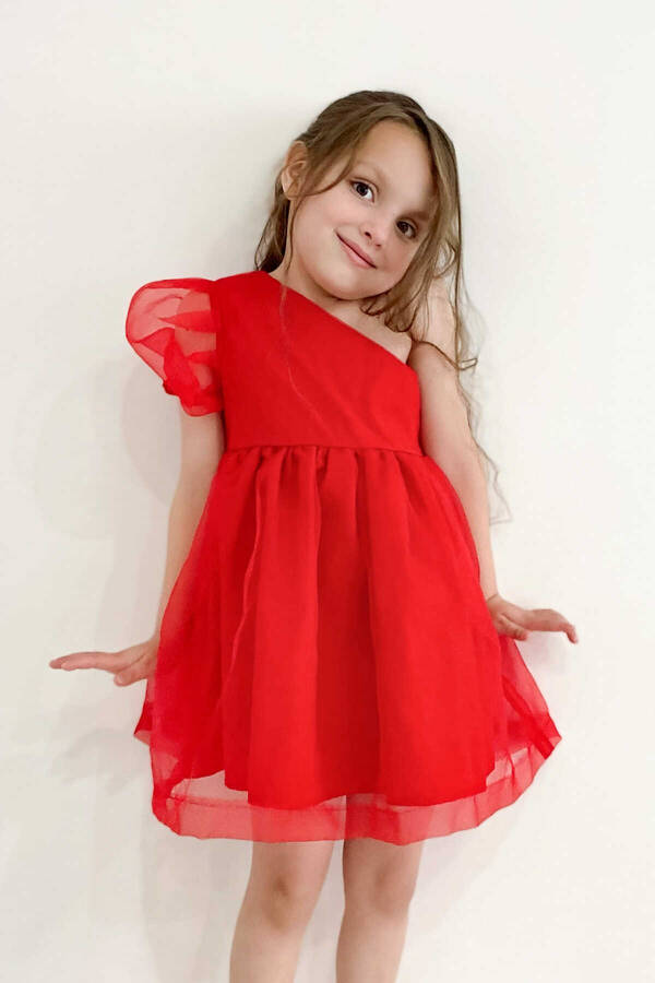 FW22 - Kırmızı ve Parıltılı Omzu Tül Organze Elbise