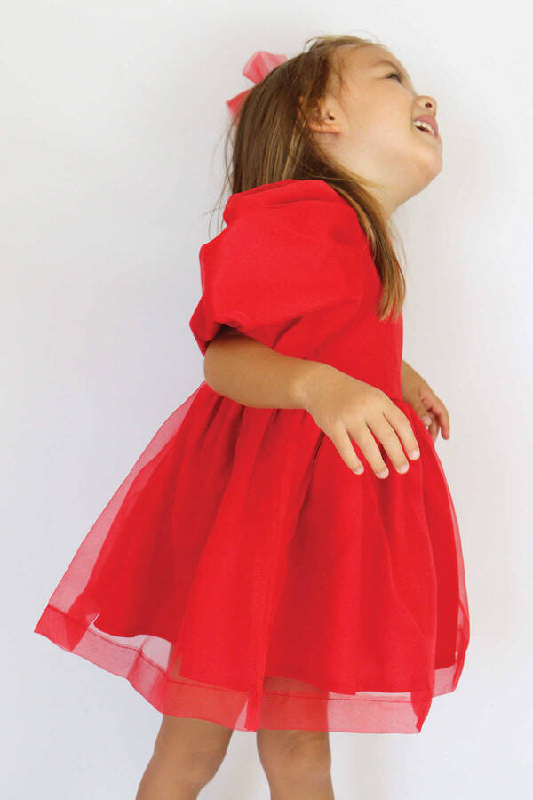 Kırmızı ve Parıltılı Tek Omuz Organze Elbise - Thumbnail