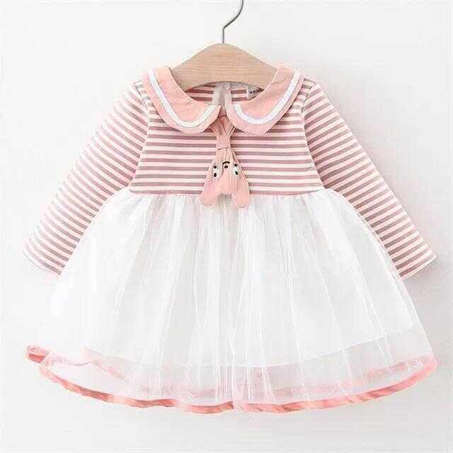 99999 - Pembe Çizgili Bebe Yaka Tül Elbise