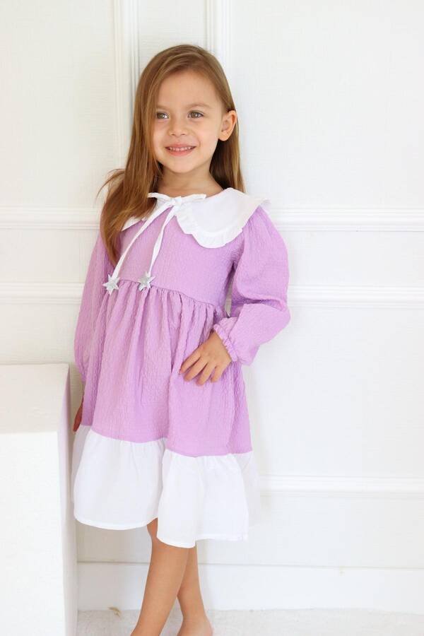Lila Gofre Beyaz Bebe Yakalı Kız Çocuk Elbise - Thumbnail