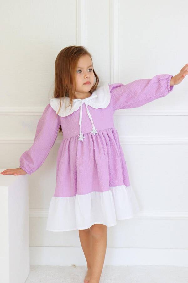 Lila Gofre Beyaz Bebe Yakalı Kız Çocuk Elbise - Thumbnail