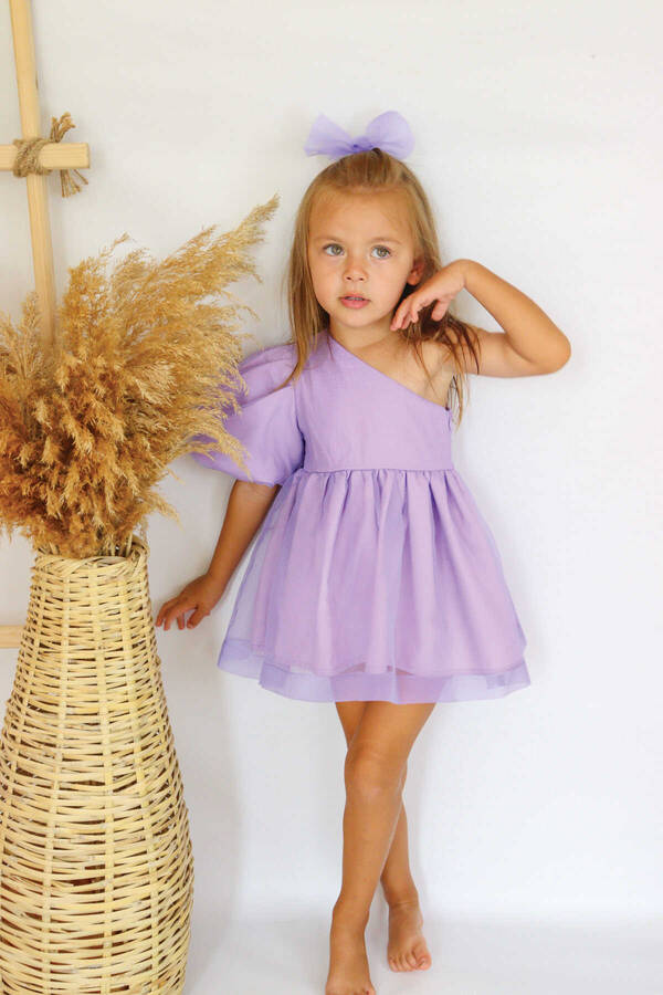 Lila Renk ve Parıltılı Tek Omuz Organze Elbise - Thumbnail