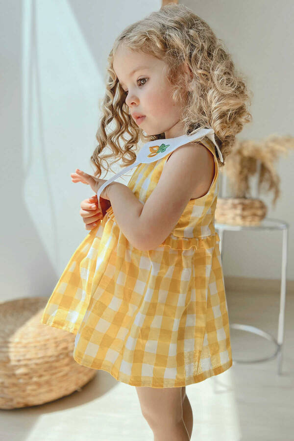 Limon Nakışlı Sarı Pötikare Elbise ve Çanta 2'li Set - Thumbnail