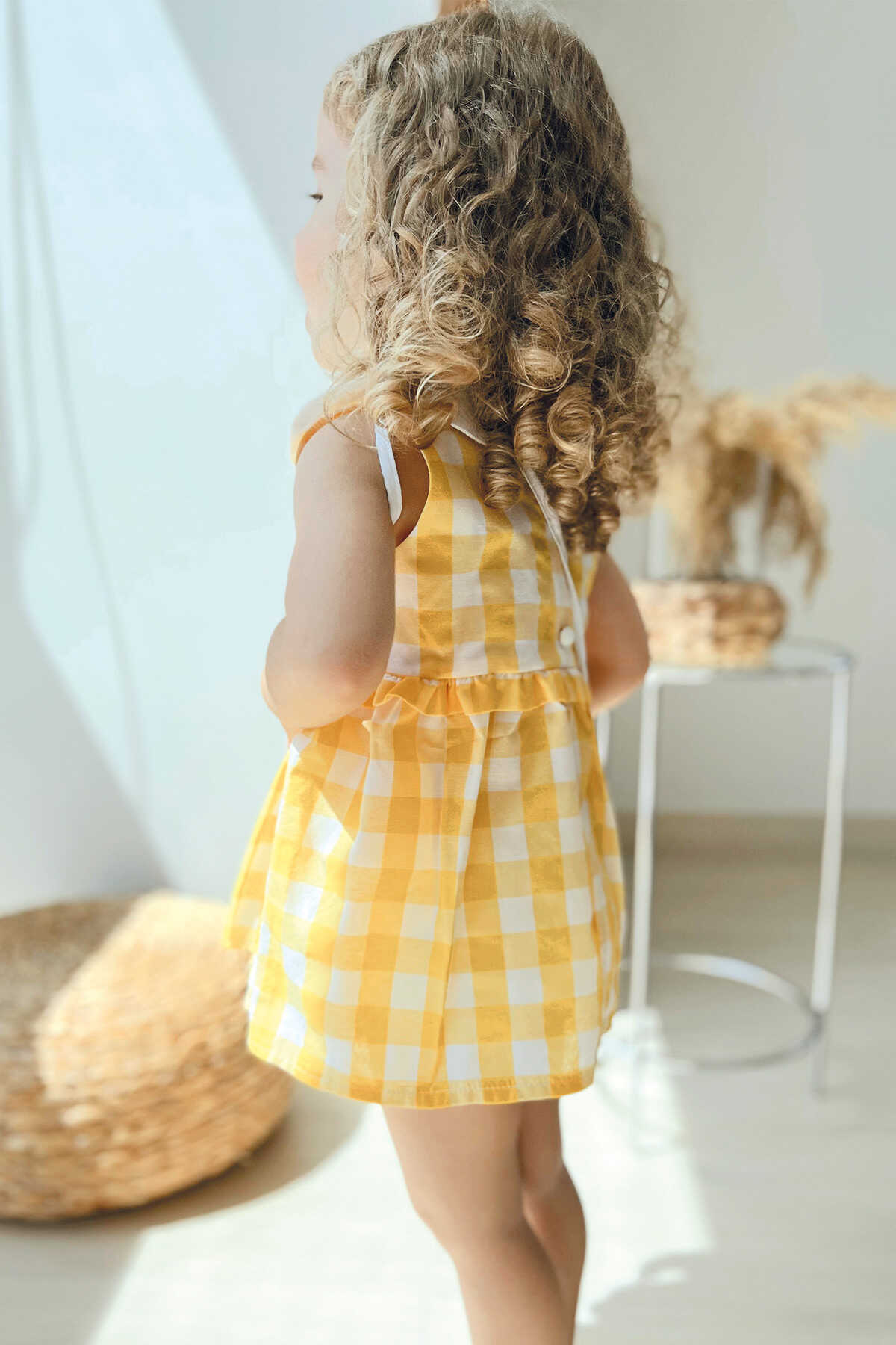 Limon Nakışlı Sarı Pötikare Elbise ve Çanta 2'li Set