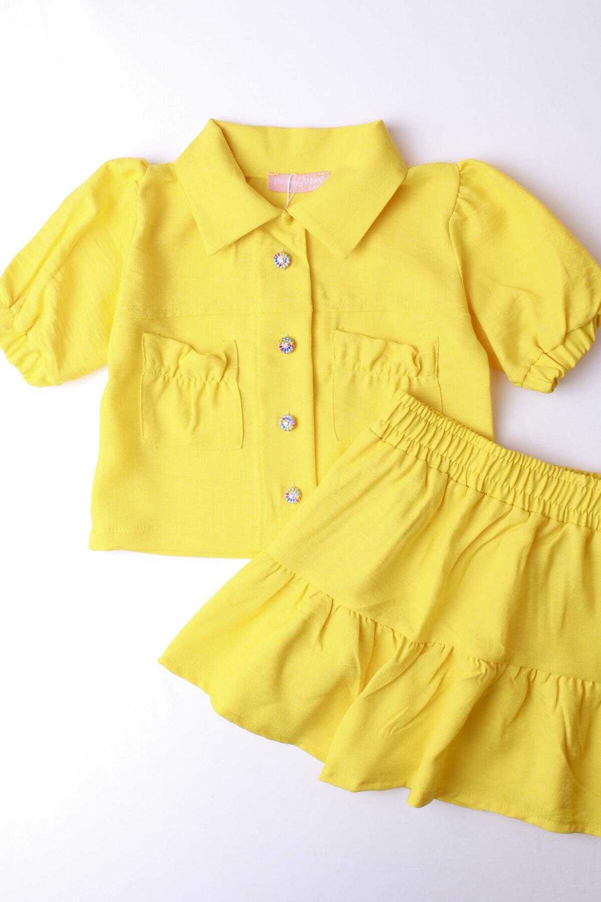 Limon Sarısı Keten Görünümlü Kız Çocuk Kısa Kol Gömlek Etek 2'li Takım