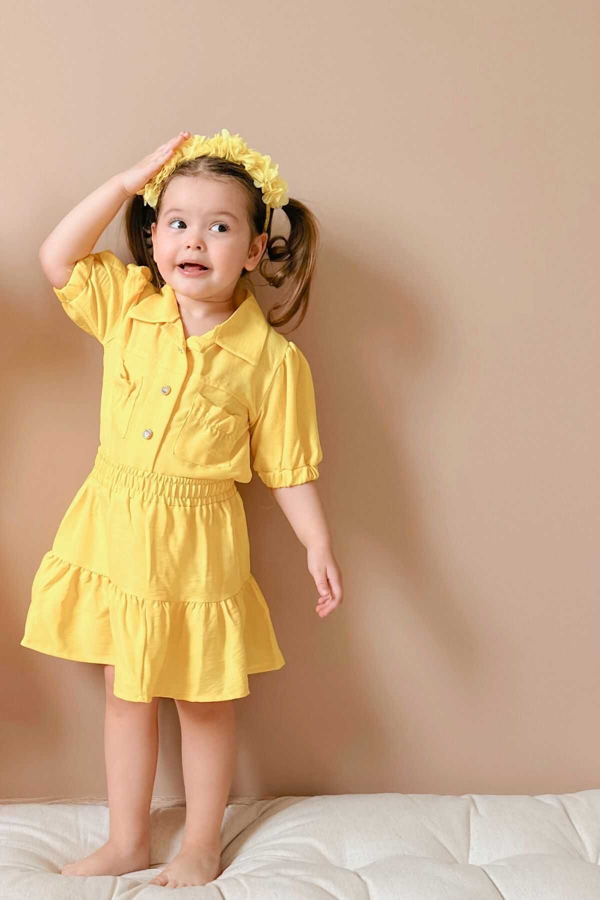 Limon Sarısı Keten Görünümlü Kız Çocuk Kısa Kol Gömlek Etek 2'li Takım