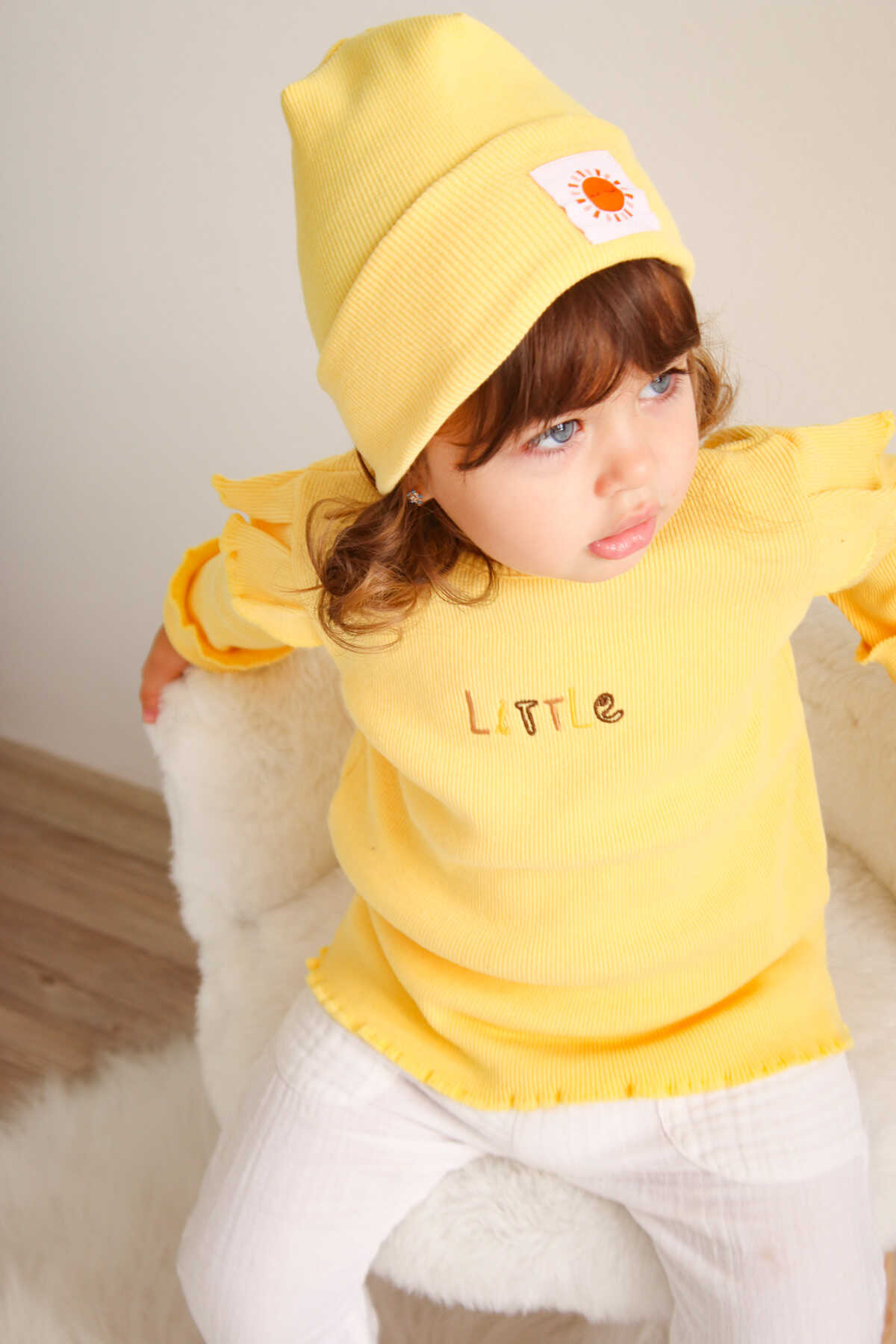 Little İşlemeli Kaşkorse Fitilli Sarı Çocuk Sweatshirt