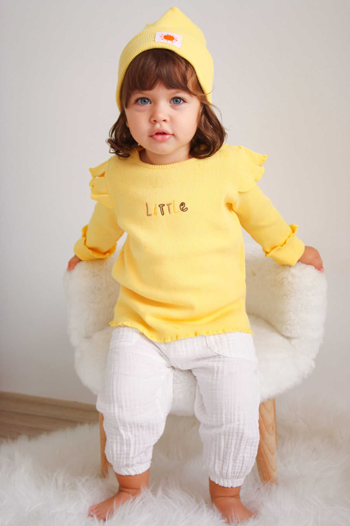 Little İşlemeli Kaşkorse Fitilli Sarı Çocuk Sweatshirt