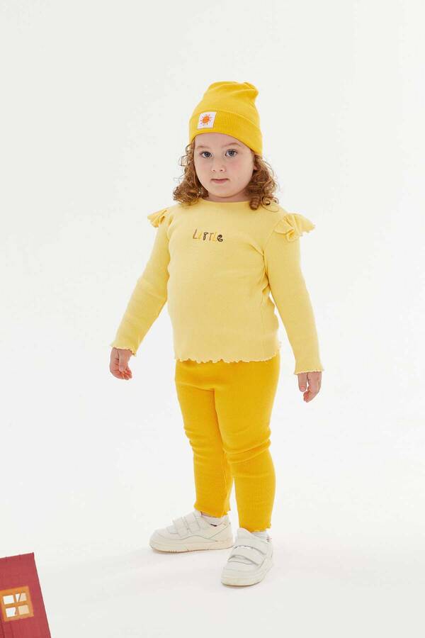 Little İşlemeli Kaşkorse Fitilli Sarı Kız Çocuk Sweatshirt ve Tayt 2'li Takım - Thumbnail