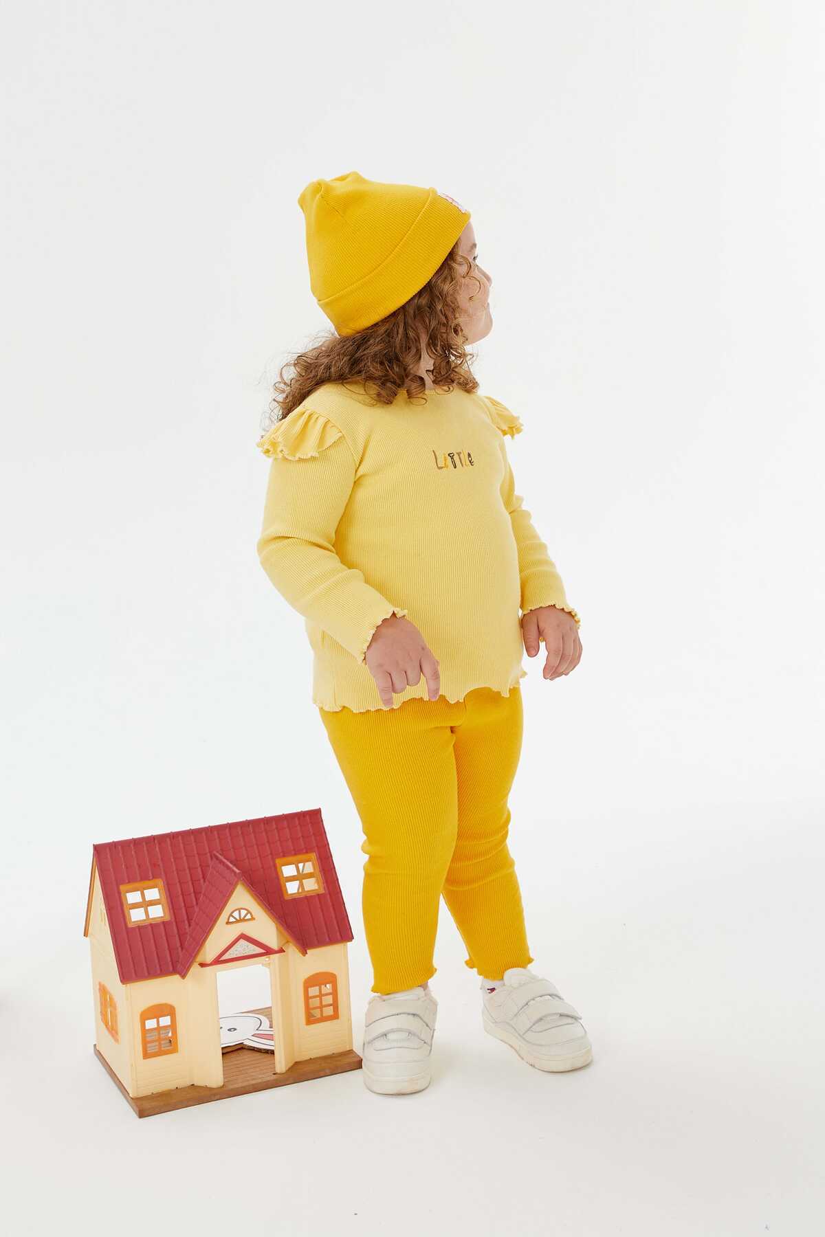 Little İşlemeli Kaşkorse Fitilli Sarı Kız Çocuk Sweatshirt ve Tayt 2'li Takım