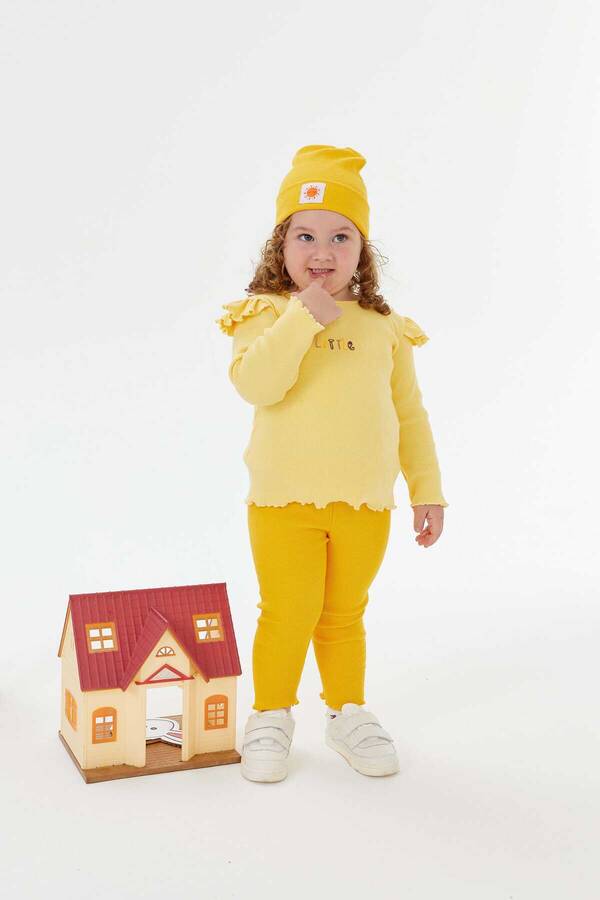 FW21 - Little İşlemeli Kaşkorse Fitilli Sarı Kız Çocuk Sweatshirt ve Tayt 2'li Takım (1)